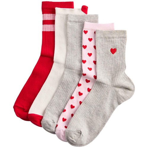 M&S Womens Ribbed & Heart Crew Socks, 3-5, Red Mix