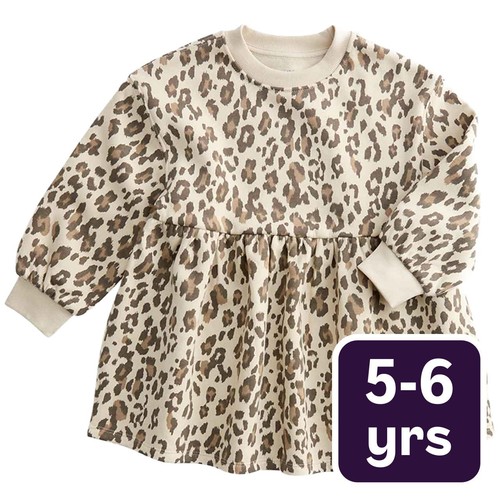 M&S Girls Leopard Print Sweat Dress, 5-6 Y, Neutral