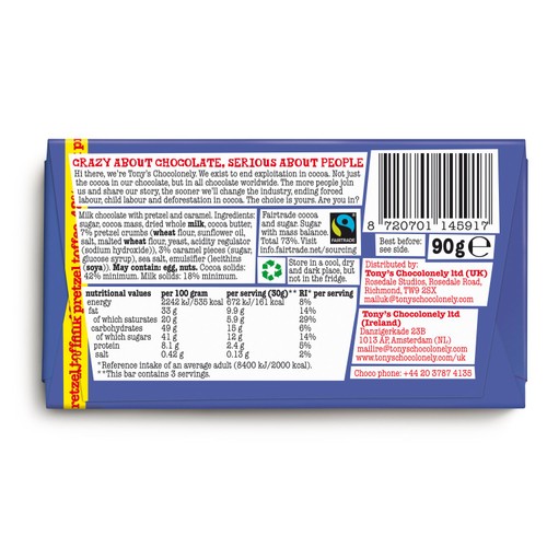 Tony's Chocolonely Milk Pretzel Toffee Small Snack Bar