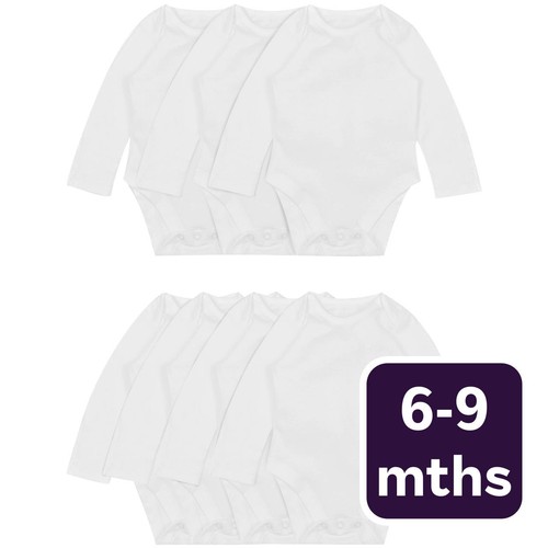 M&S Baby Cotton Long Sleeve Bodysuits, White, 6-9 Months  