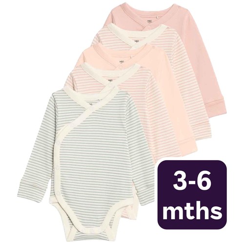 M&S Girls Pure Cotton Striped Bodysuits 3-6 Months Blush