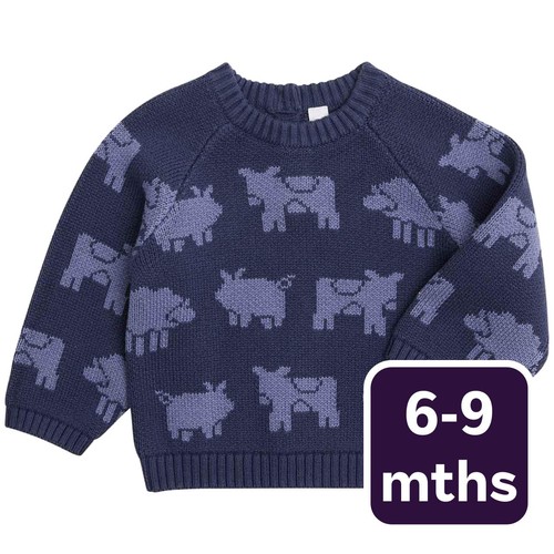 M&S Boys Pure Cotton Cow Motif Knitted Jumper, 6-9 Months, Navy