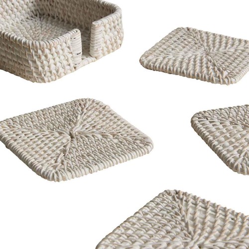 M&S Set of 4 Rattan Washed Coasters with Holder, White
