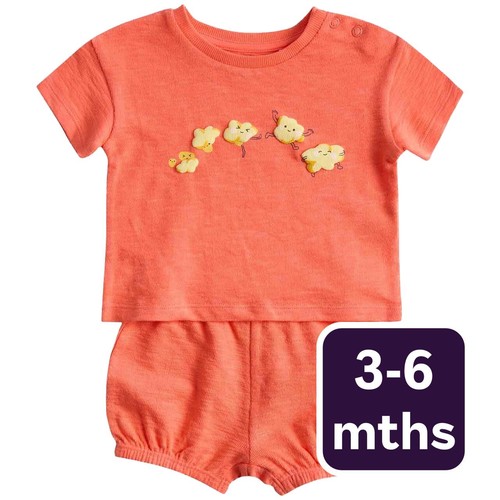 M&S Unisex 2 Piece Pure Cotton Popcorn Outfit, 3-6 M, Bright Coral