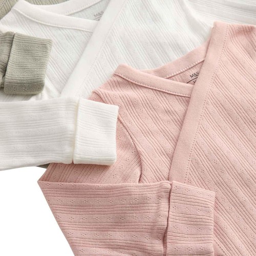 M&S Girls Pure Cotton Wrap Bodysuits, 0-3 M, Khaki