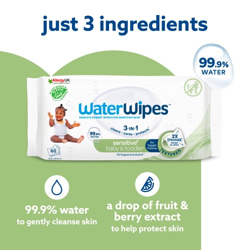 WaterWipes Baby Wipes Sensitive Weaning Plastic Free Wipes 60 Wipes