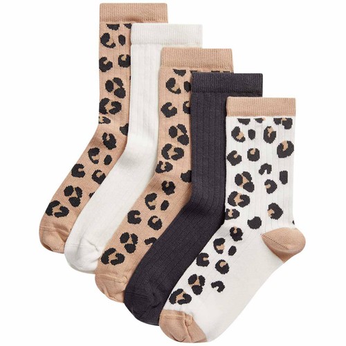 M&S Girls Leopard Ribbed Socks, 5 Pack, Size 8.5-12 Small