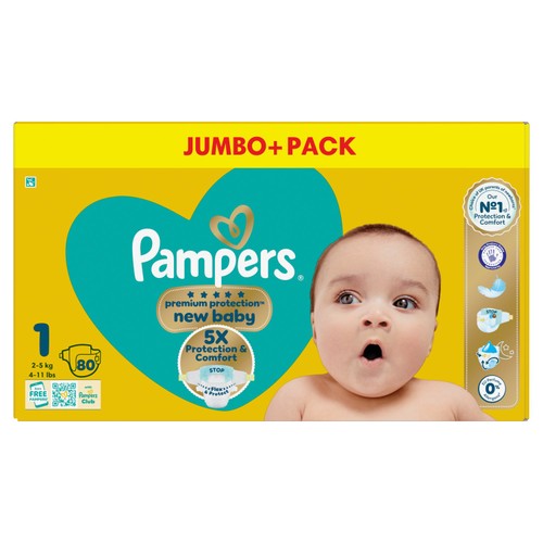 Pampers New Baby Nappies, Size 1 (2-5kg) Jumbo+ Pack