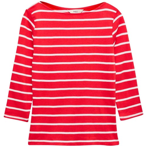 M&S Womens Pure Cotton Striped Slash Neck Slim Fit Top, Size 16, Red Mix