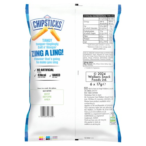 Chipsticks Salt & Vinegar Multipack Crisps 6 x 17g