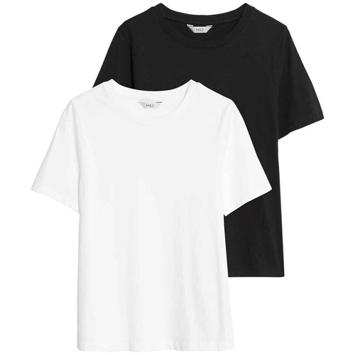 M&S Womens Pure Cotton T-Shirt, 16, Black/White