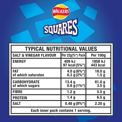 Walkers Squares Salt & Vinegar Multipack Snacks Crisps 6x22g