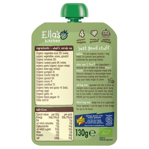 Ella's Kitchen Spinach and Ricotta Ravioli Baby Food Pouch 7+ Months