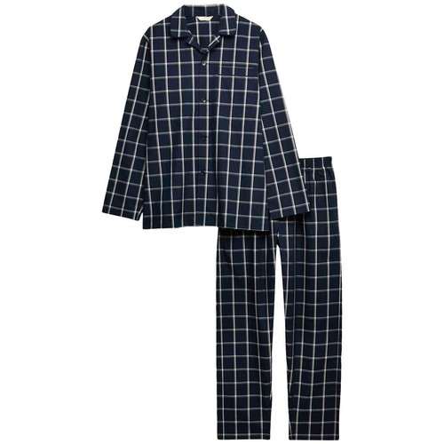 M&S Mens Pure Cotton Checked Pyjama Set M Navy