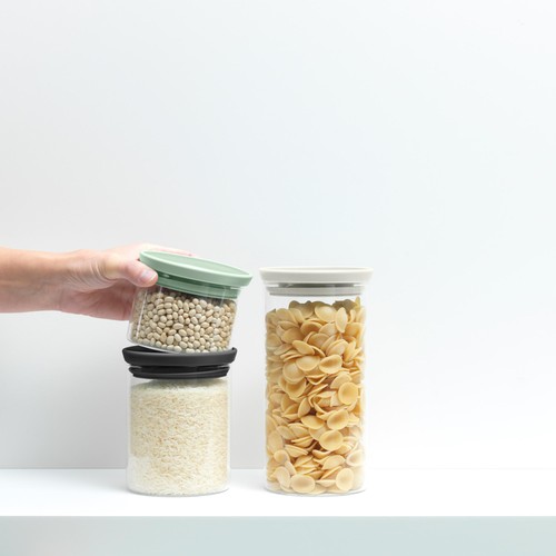 Brabantia Glass Jars Set of 3 Dark Grey, Light Grey, Jade Green.