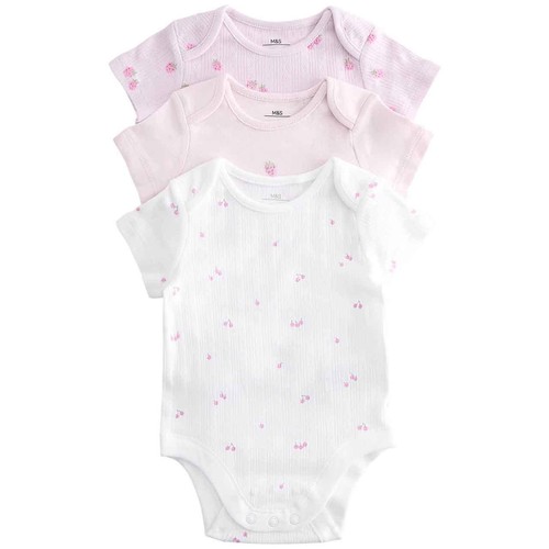 M&S Girls Pure Cotton Printed Bodysuits, 9-12 M, Magenta