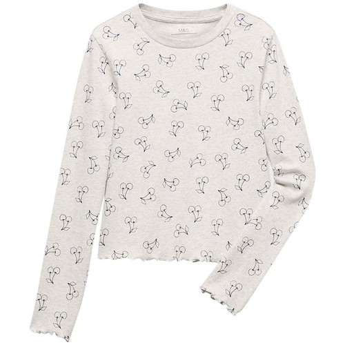 M&S Girls Cotton Rich Cherry Ribbed Pyjamas, 12-13 Years, Grey Marl