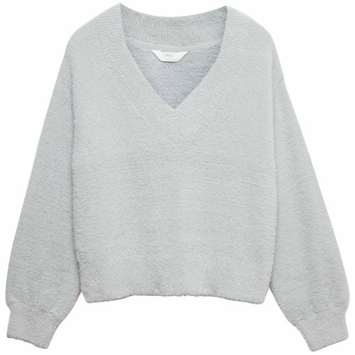 M&S Womens Feather Knit V-Neck Pyjama Top, M, Grey