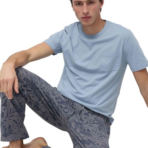 M&S Mens Pure Cotton Palm Print Pyjama Set, M, Light Blue