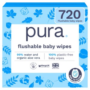 Pura Plastic Free Flushable Baby Wipes 12 x 60pk