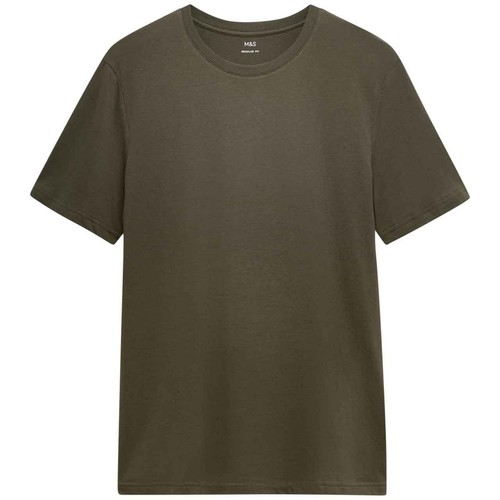 M&S Mens Pure Cotton Crew Neck T-Shirt, L, Forest Green