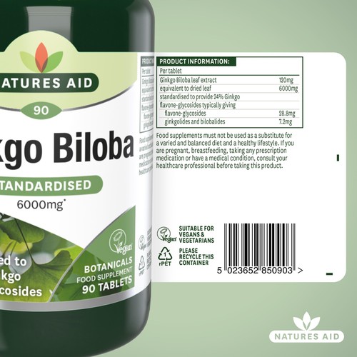 Natures Aid  Ginkgo Biloba Supplement Tablets 6000mg
