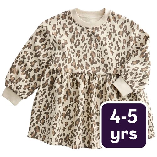 M&S Girls Leopard Print Sweat Dress, 4-5 Y, Neutral