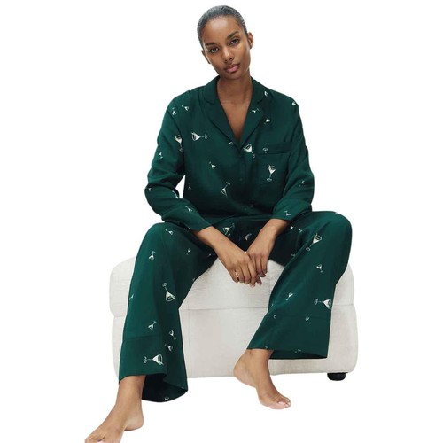 M&S Womens Dream Satin Cocktail Print Pyjama Set, 12, Light Green