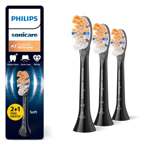Philips Sonicare Genuine A3 Premium All-in-One Brush Head, Black, 2+1 Pack