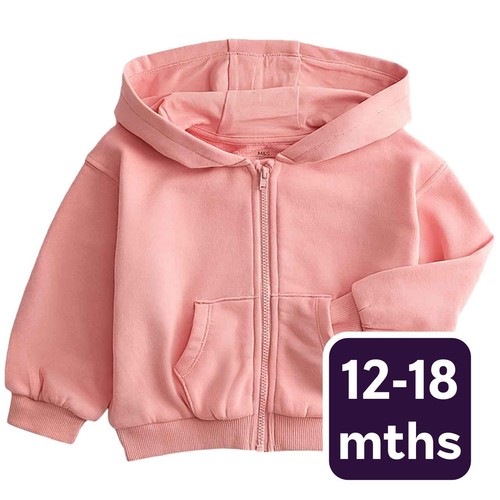 M&S Girls Cotton Rich Pink Zip Hoodie, 12-18 Months, Pink