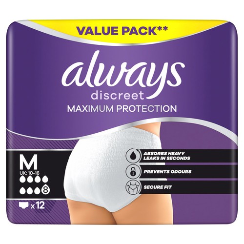 Always Discreet Maximum Protection Pants Medium Value Pack 12 Count