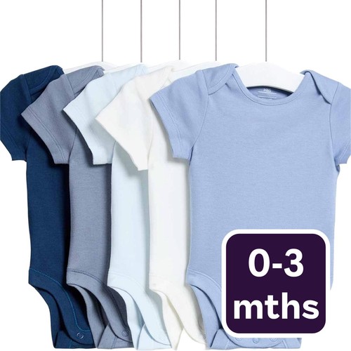 M&S Unisex Pure Cotton Plain Short Sleeve Bodysuits, 0-3 M, Blue