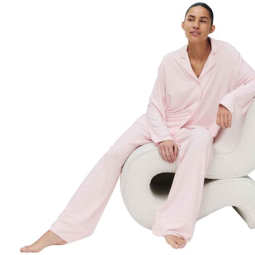 M&S Womens Soft Touch Printed Revere Pyjama Set, Medium, Pink Mix