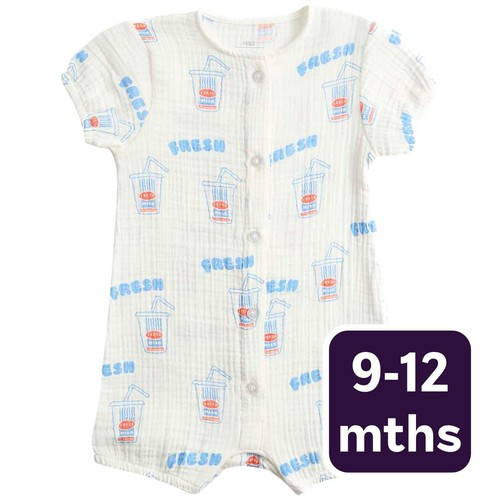 M&S Unisex Pure Cotton Milkshake Print Romper, 9-12 M, Cream