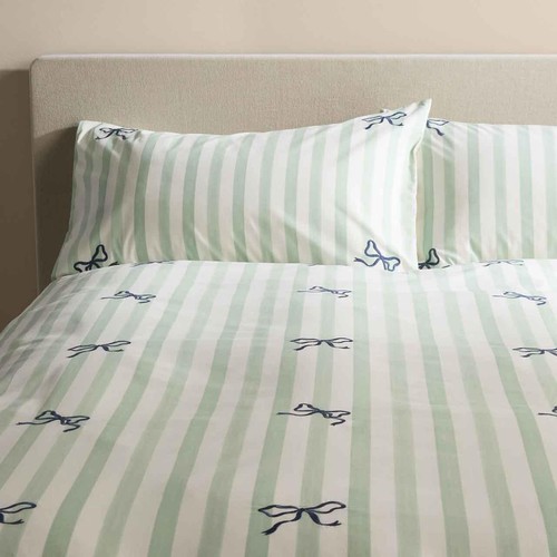 M&S Pure Cotton Bow Striped Bedding Set, Super King Size (6 ft), Green Mix