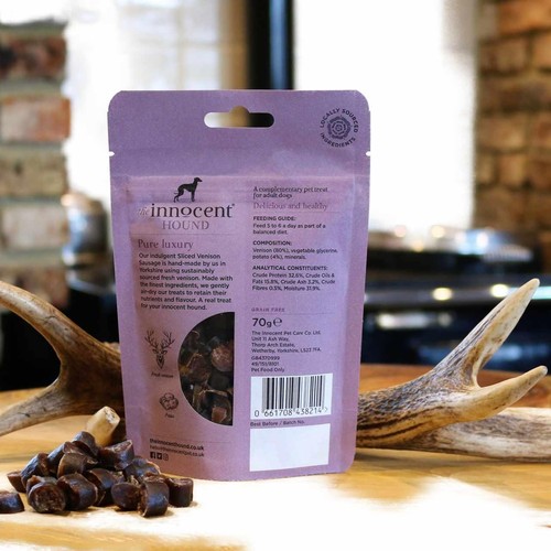 The Innocent Hound Dog Treats, Sliced Venison Sausage