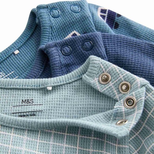 M&S Baby 3pk Pure Cotton Car Long Sleeve Bodysuits, 0-3 M Navy