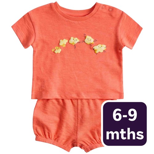 M&S Unisex 2 Piece Pure Cotton Popcorn Outfit, 6-9 M, Bright Coral