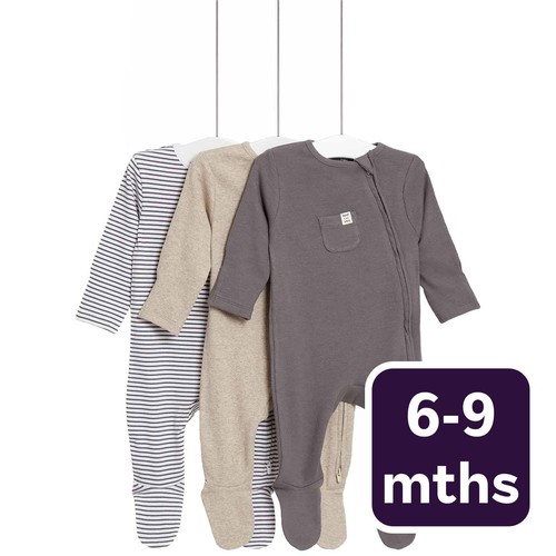 M&S Collection Girls, Cotton Striped & Plain Sleepsuits, 6-9 Months, Grey