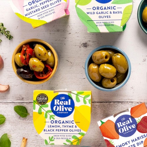 Real Olive Co. Organic Lemon, Thyme & Black Pepper Olives.