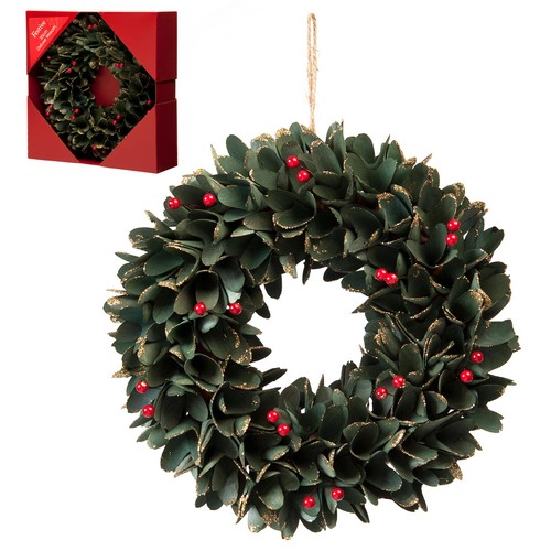 Green Leaf & Red Berries Wreath 30cm