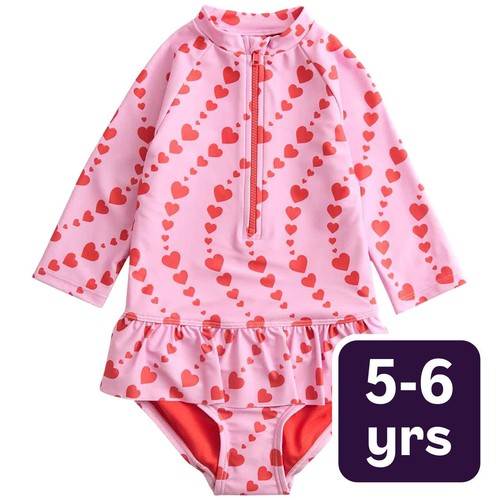 M&S Girls Heart Print Long Sleeve Swimsuit, 5-6 Years, Magenta