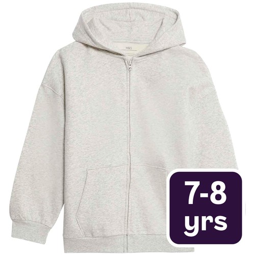 M&S Girls Cotton Rich Zip Hoodie, 7-8 Years, Grey Marl