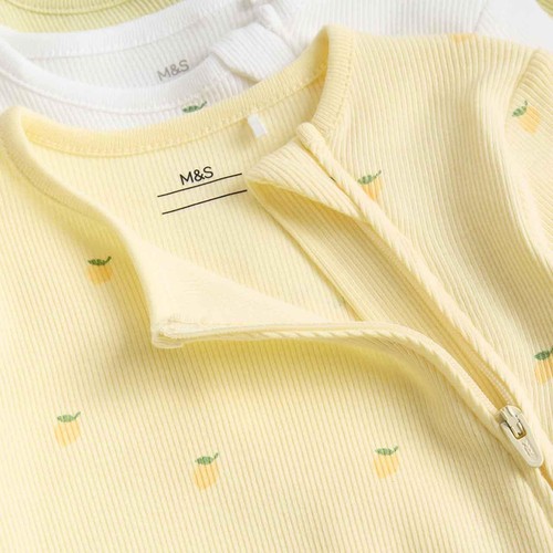 M&S Girls Cotton Rich Lemon Sleepsuits, 0-3 Months, Yellow