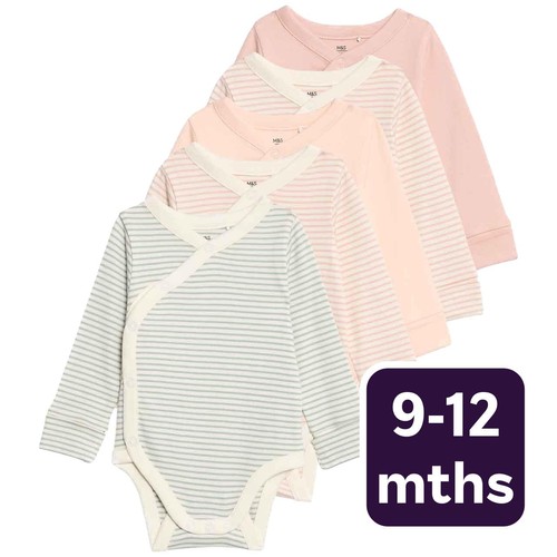 M&S Girls Pure Cotton Striped Bodysuits 9-12 Months Blush