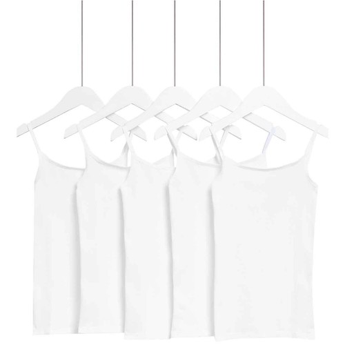 M&S Girls 5pk Cotton Cami Tops, White, 11-12 Years