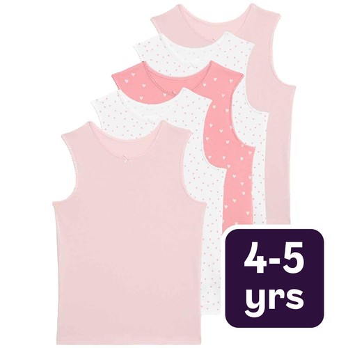 M&S Girls Pure Cotton Heart Print Vests, 4-5 Years, Pink Mix