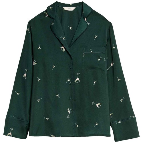 M&S Womens Dream Satin Cocktail Print Pyjama Set, 12, Light Green