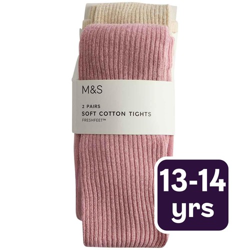 M&S Girls Glitter Rib Tights, 13-14 Y, Pink