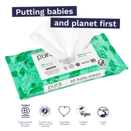 Pura Plastic Free Baby Wipes 3 x60pk